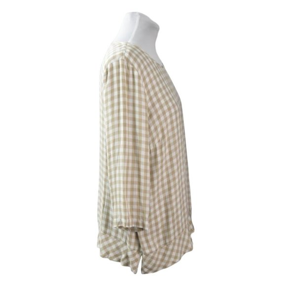 J Jill Top Blouse Womens XL Beige White Checked Rayon - Picture 3 of 9
